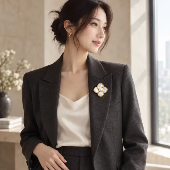 Mother-of-pearl four-petal brooch · XC08810T901 · Indoor model portrait