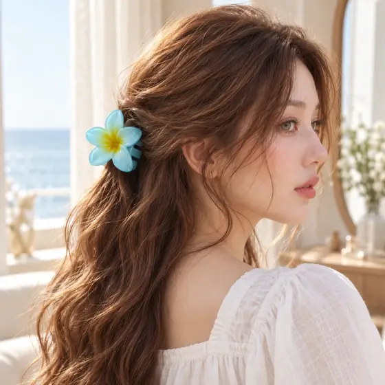Blue frangipani hair claw · Yellow center · Indoor side-profile styling