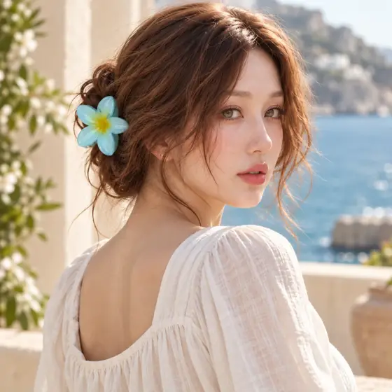 Blue frangipani hair claw · Yellow center · Outdoor holiday styling