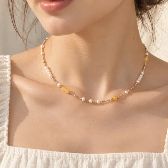 Pearl and yellow crystal beaded necklace · FA91898 · Worn necklace detail