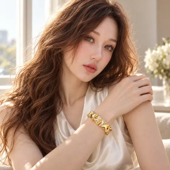 Gold-tone irregular geometric CCB bead bracelet · Indoor wearing portrait