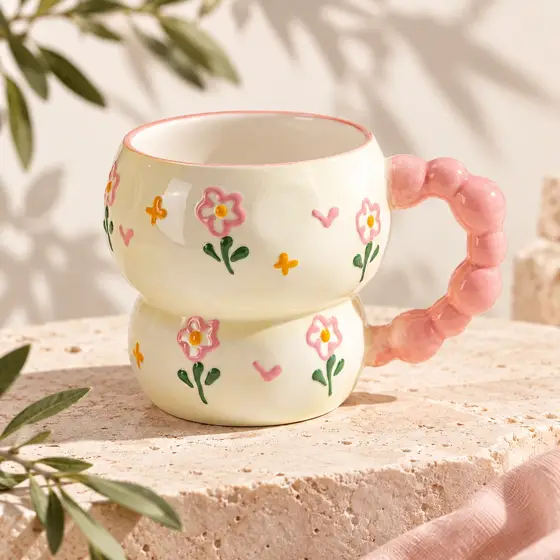 Floral gourd-shaped ceramic mug with pink handle · Morning product image