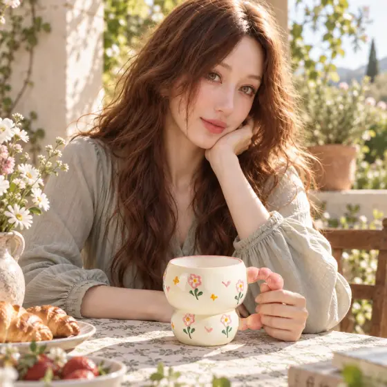 Floral gourd-shaped ceramic mug with pink handle · Garden afternoon tea