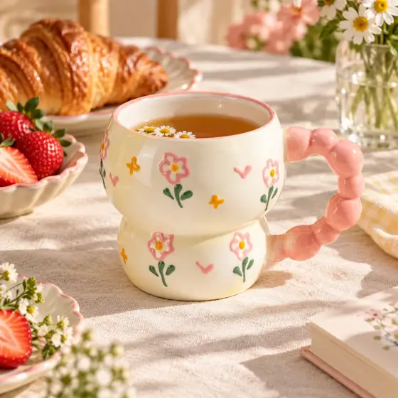 Floral gourd-shaped ceramic mug with pink handle · Breakfast table setting