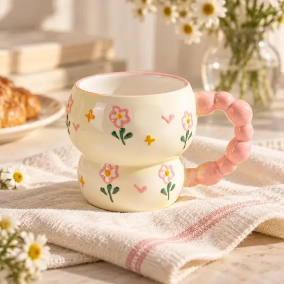 Floral gourd-shaped ceramic mug with pink handle · Glaze and floral decoration