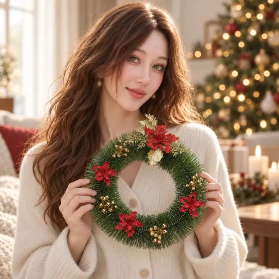 Christmas wreath with red flowers and gold leaves · Indoor holiday portrait