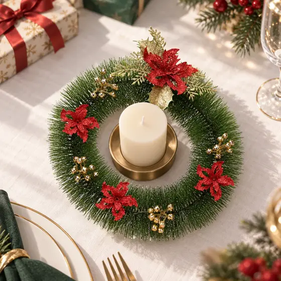 Christmas wreath with red flowers and gold leaves · Holiday table setting