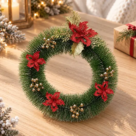 Christmas wreath with red flowers and gold leaves · Red flowers and gold leaf detail