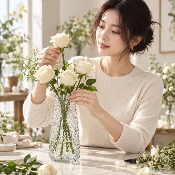 Clear diamond-pattern glass vase · Indoor flower arranging portrait