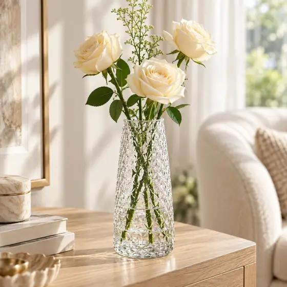Clear diamond-pattern glass vase · Living room display