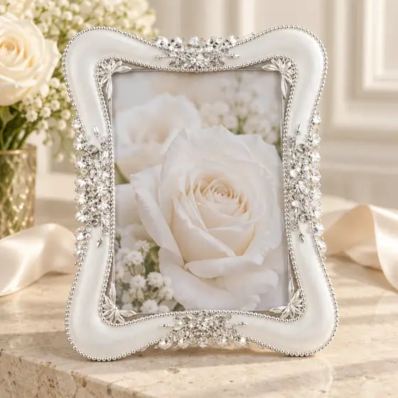 White photo frame with silver-tone wavy border · Pearl-white frame product image