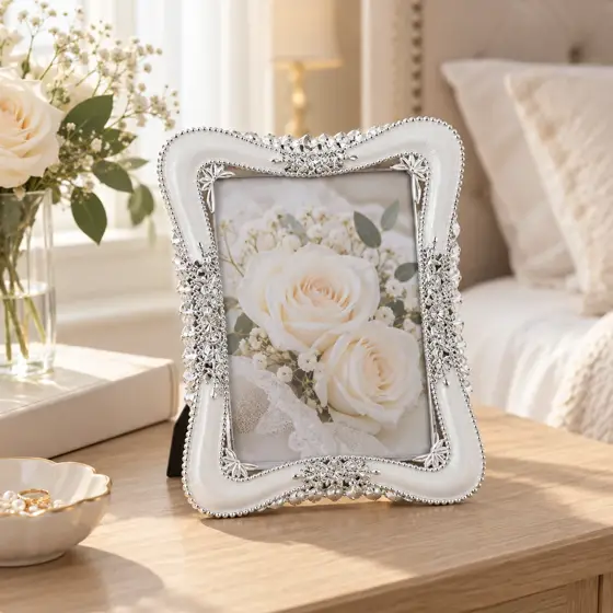 White photo frame with silver-tone wavy border · Bedroom display
