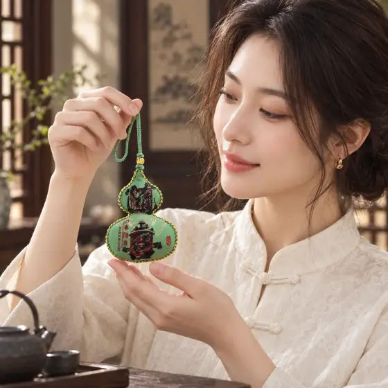 Green gourd sachet with gold stitching · Indoor Chinese-inspired portrait