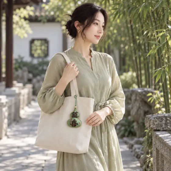 Green gourd sachet with gold stitching · Garden travel styling