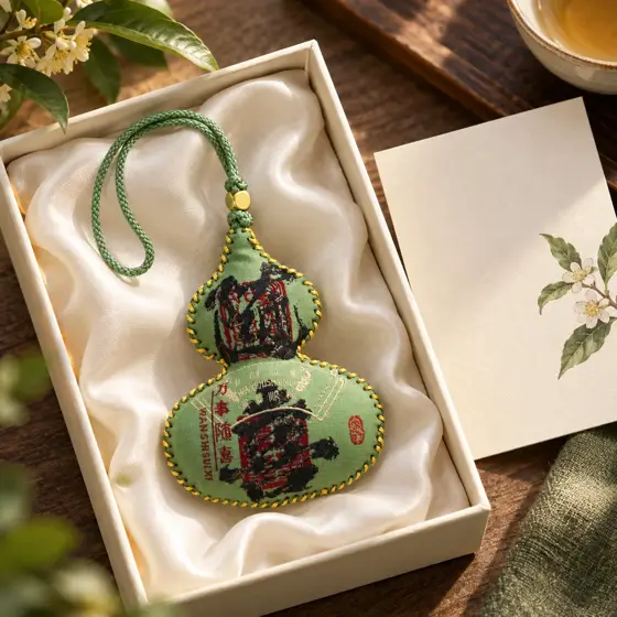 Green gourd sachet with gold stitching · Craft gift setting