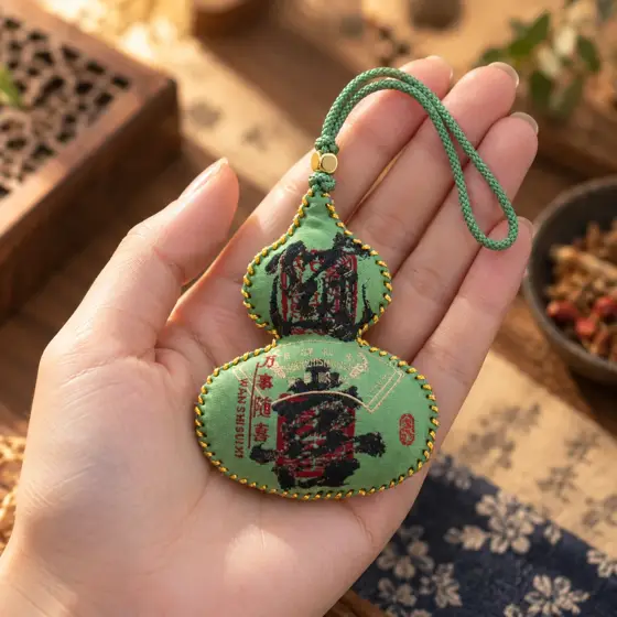 Green gourd sachet with gold stitching · Gold stitching and fabric detail