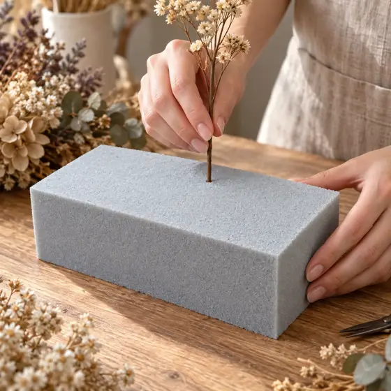 Gray dry floral foam block, 23 × 11 × 8 cm · Stem insertion detail