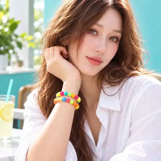 Colorful silicone bead bracelets · Indoor model portrait