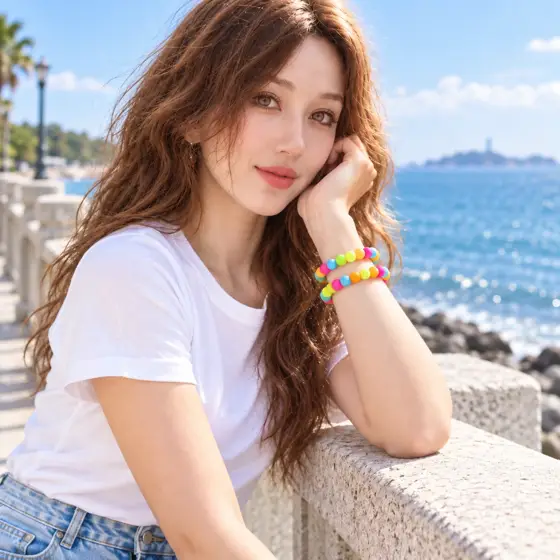 Colorful silicone bead bracelets · Outdoor model portrait