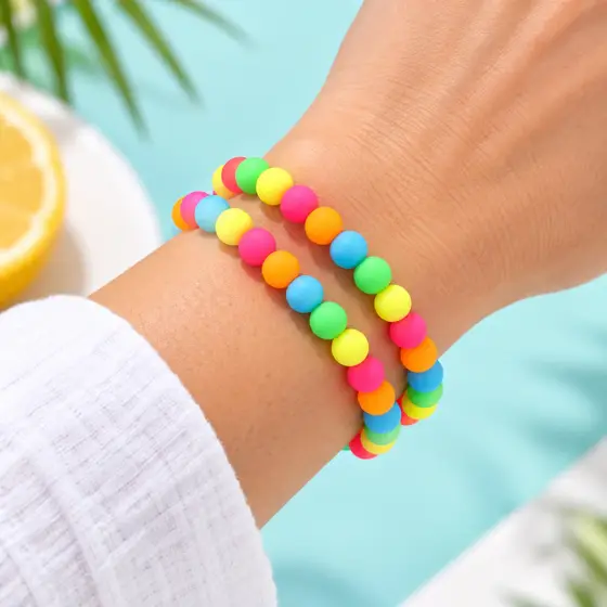 Colorful silicone bead bracelets · Worn detail