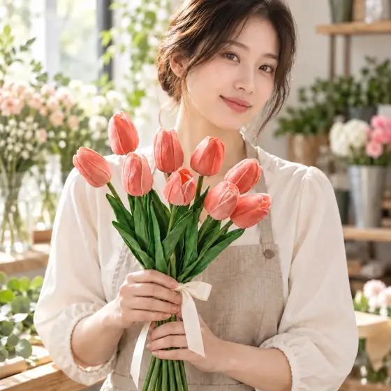 Pink artificial tulips · Indoor floral styling portrait