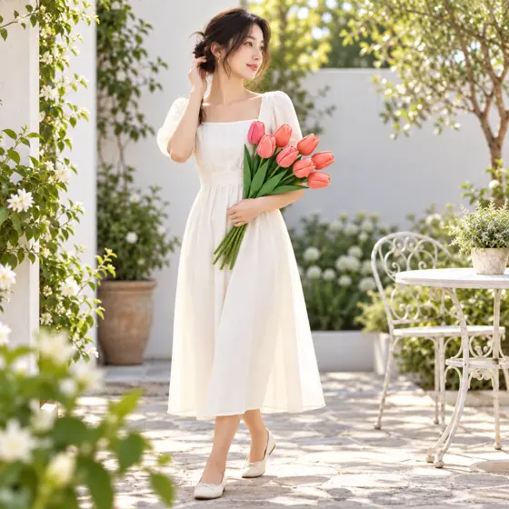 Pink artificial tulips · Outdoor full-length model image