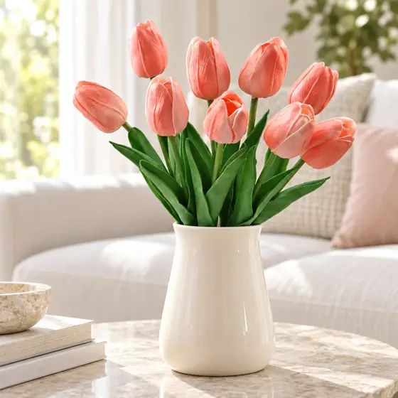 Pink artificial tulips · Living room display