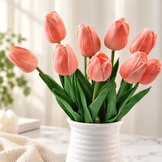Pink artificial tulips · Flower and leaf display