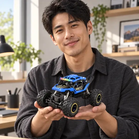 Blue off-road RC buggy · Indoor model portrait