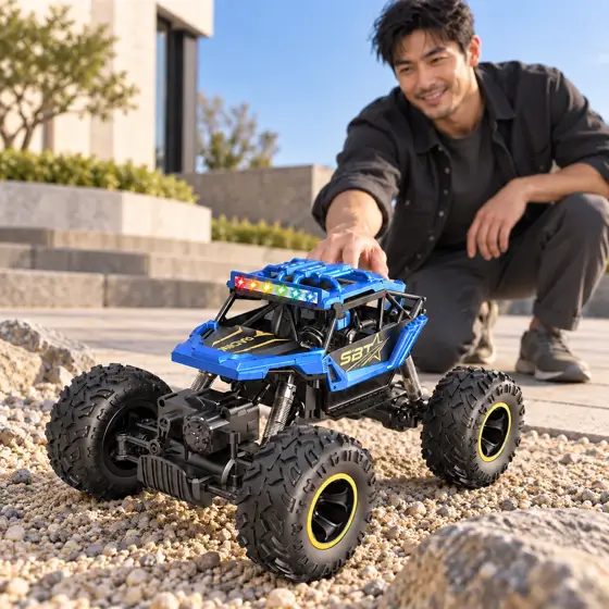 Blue off-road RC buggy · Outdoor full-length model image