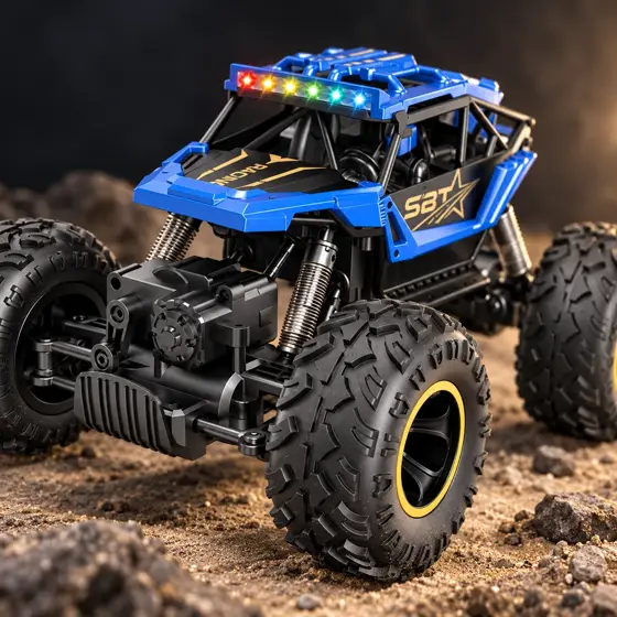 Blue off-road RC buggy · Tire and suspension detail