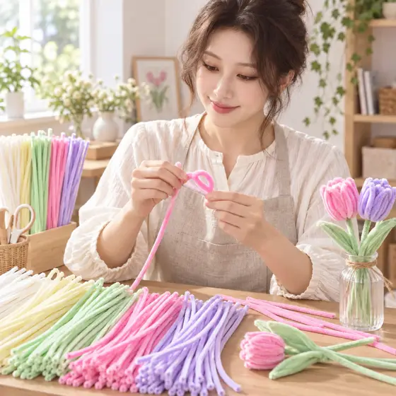 Pastel chenille stems · Indoor crafting portrait