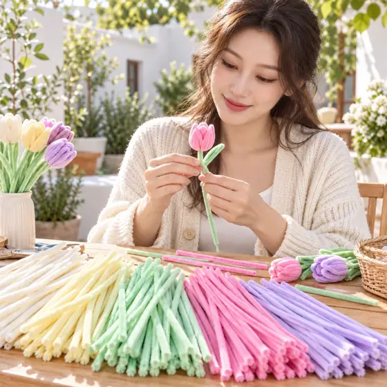 Pastel chenille stems · Outdoor crafting scene