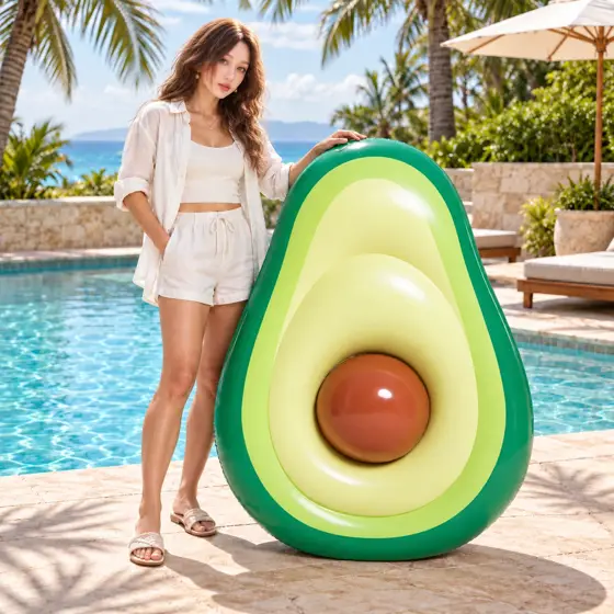 Avocado pool float · Outdoor full-length model image