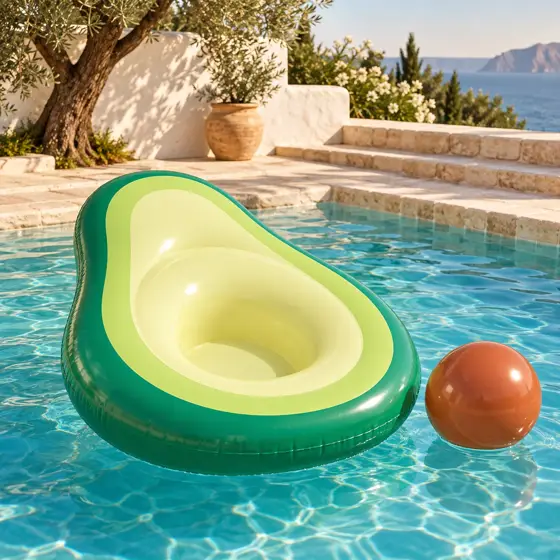 Avocado pool float · Resort pool scene