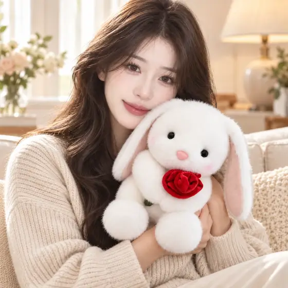 Rose-holding plush bunny · Indoor model portrait