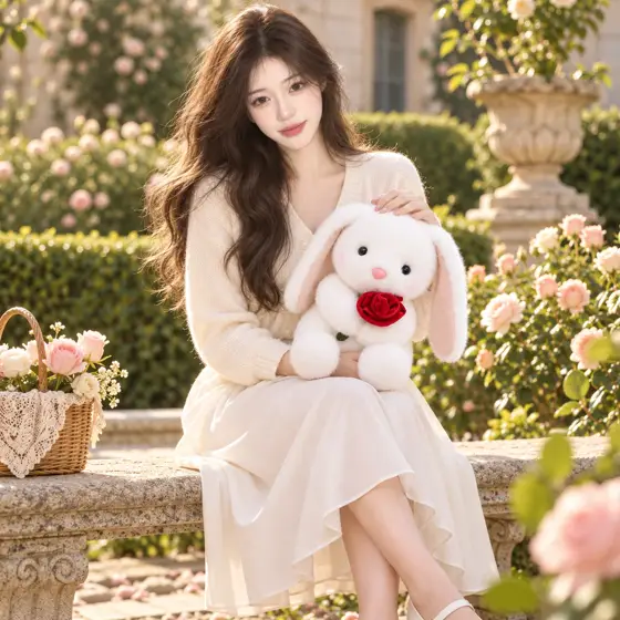 Rose-holding plush bunny · Seated outdoor model