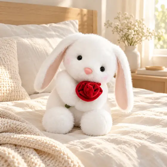 Rose-holding plush bunny · Indoor lifestyle scene