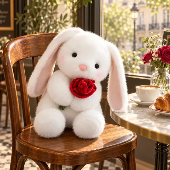 Rose-holding plush bunny · Cafe window scene
