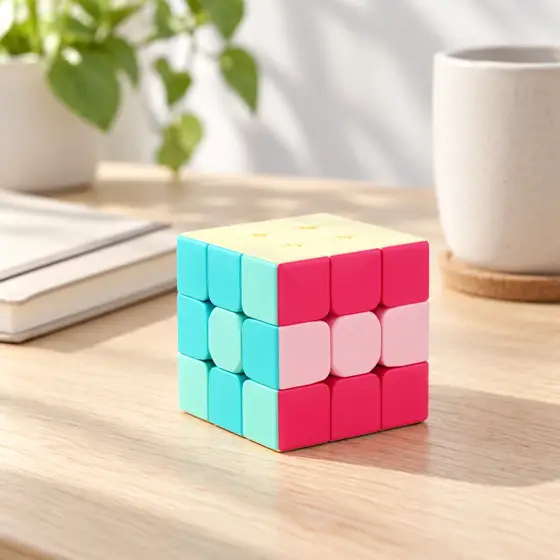Neon 3×3 cube · Desktop lifestyle scene
