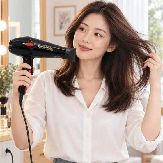 Black and red Guangming 3000 hairdryer · Indoor haircare demonstration