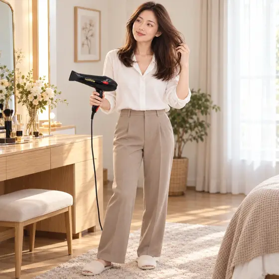 Black and red Guangming 3000 hairdryer · Full-body dressing-room scene