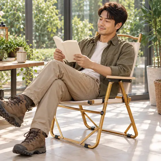 Cream folding camping chair · Indoor reading scene