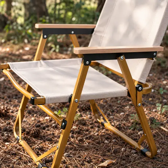 Cream folding camping chair · Wooden armrest and folding-frame detail