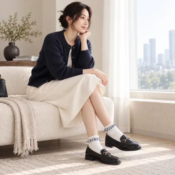 Gingham-trim socks · Indoor styling