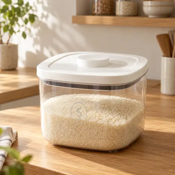 Clear rice container · Kitchen still life