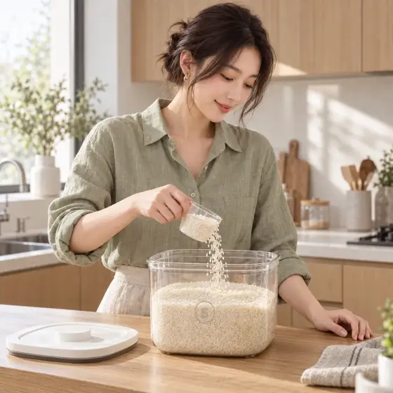 Clear rice container · Open-lid use