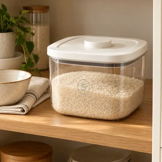 Clear rice container · Kitchen setting