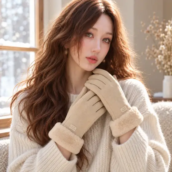 Camel winter gloves · Indoor portrait