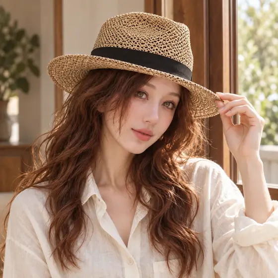 Open-weave straw hat · Indoor portrait